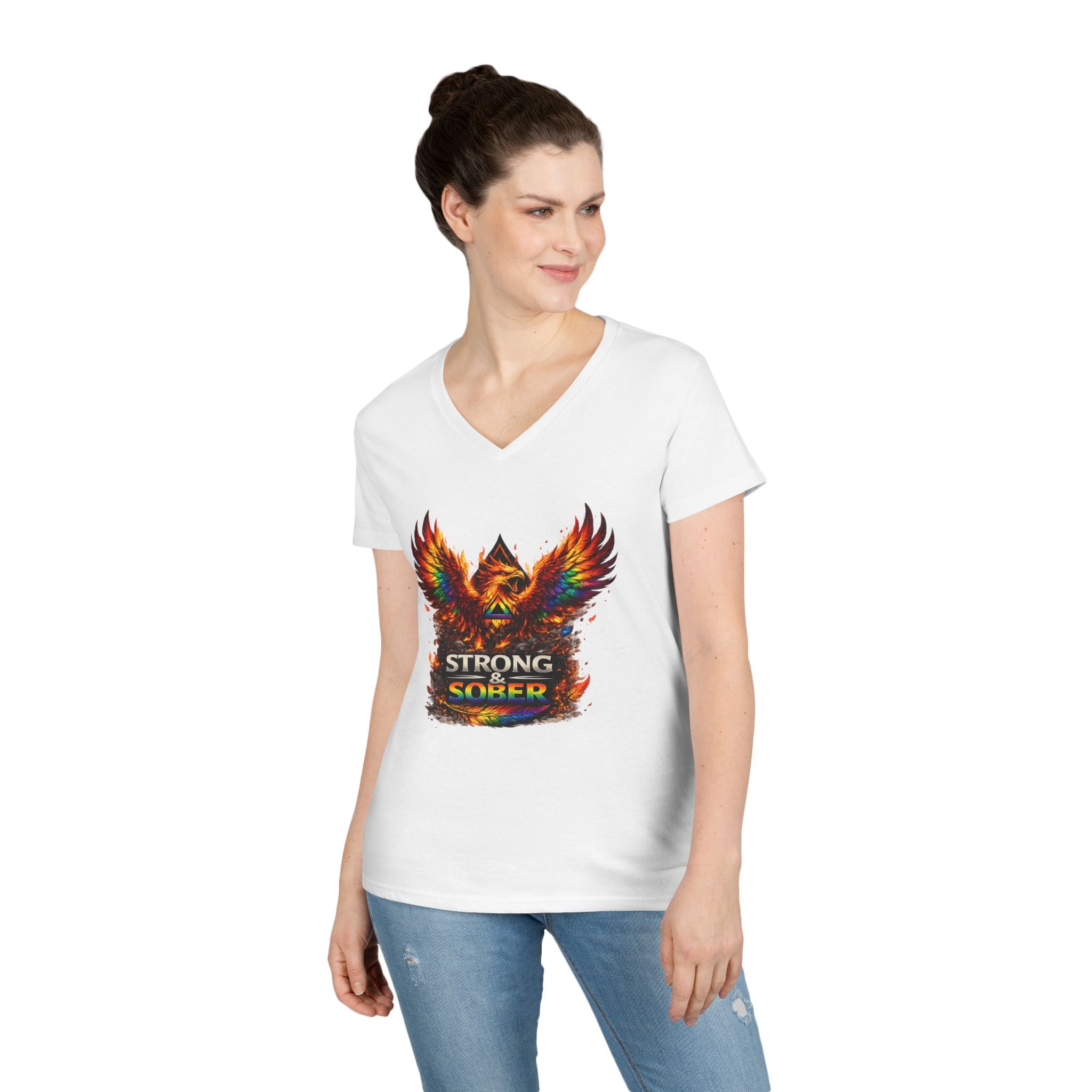 Strong Survivor V-Neck Tee — Colorful Phoenix "Strong & Sober" Recovery Shirt