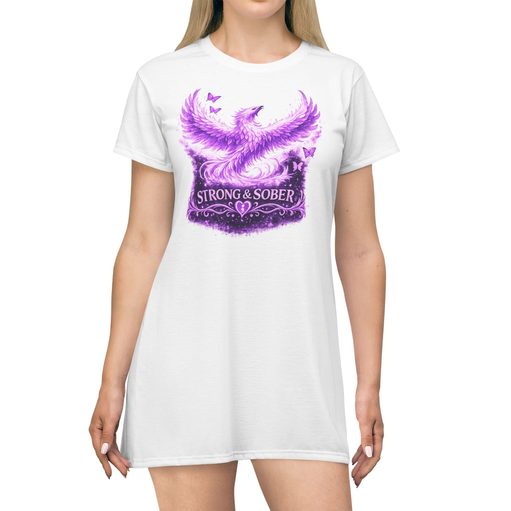 Strong & Sober Phoenix T‑Shirt Dress — Recovery & Healing Inspirational Dress