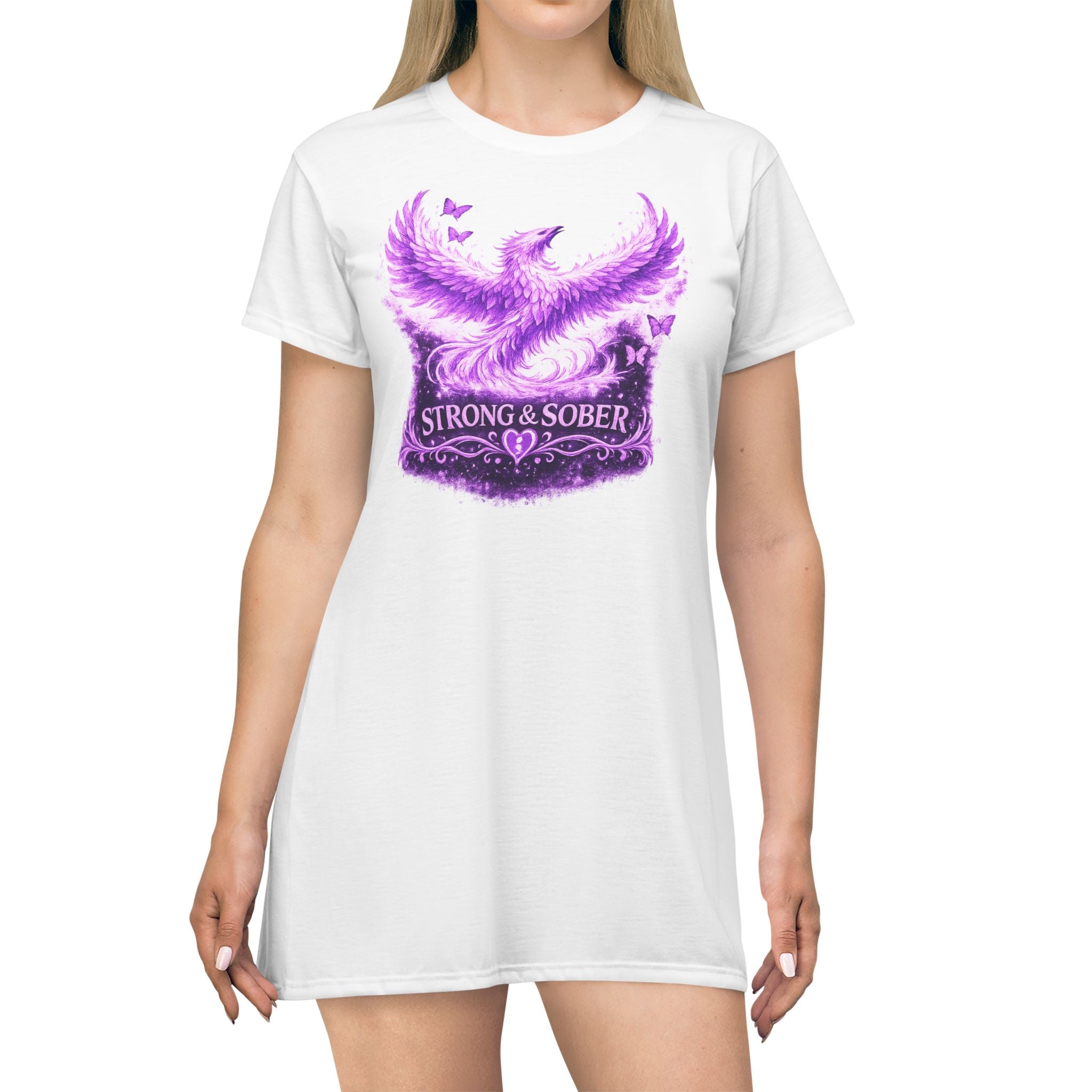 Strong & Sober Phoenix T‑Shirt Dress — Recovery & Healing Inspirational Dress
