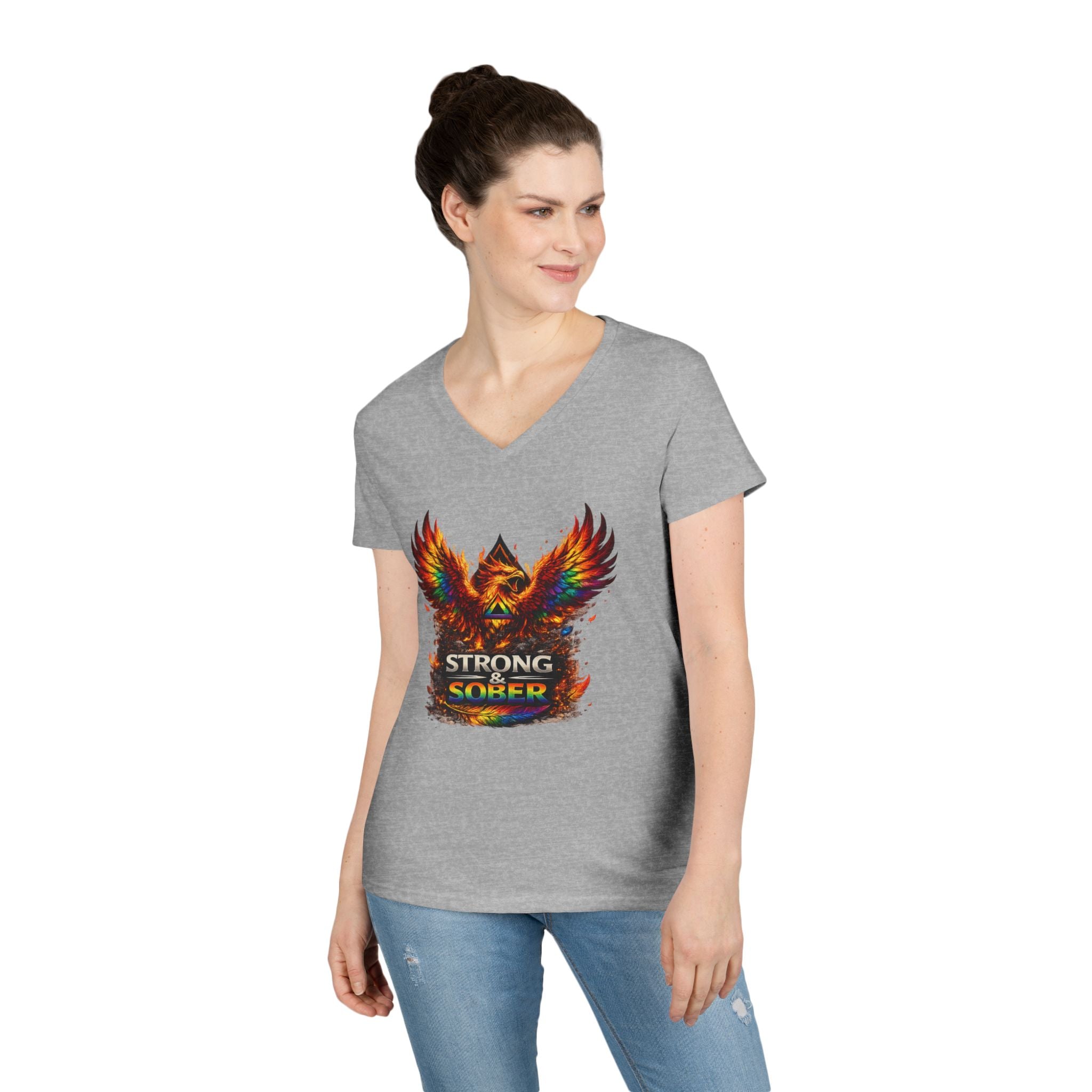 Strong Survivor V-Neck Tee — Colorful Phoenix "Strong & Sober" Recovery Shirt