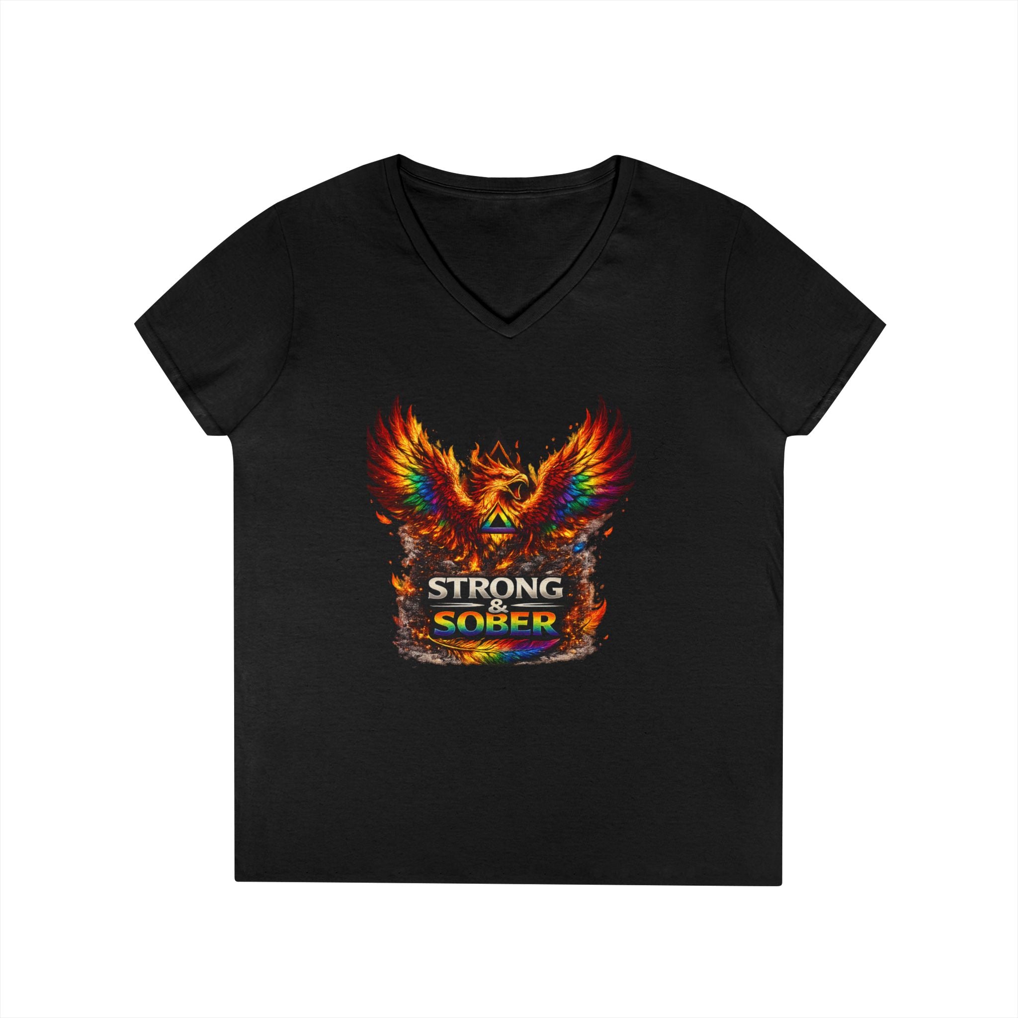 Strong Survivor V-Neck Tee — Colorful Phoenix "Strong & Sober" Recovery Shirt
