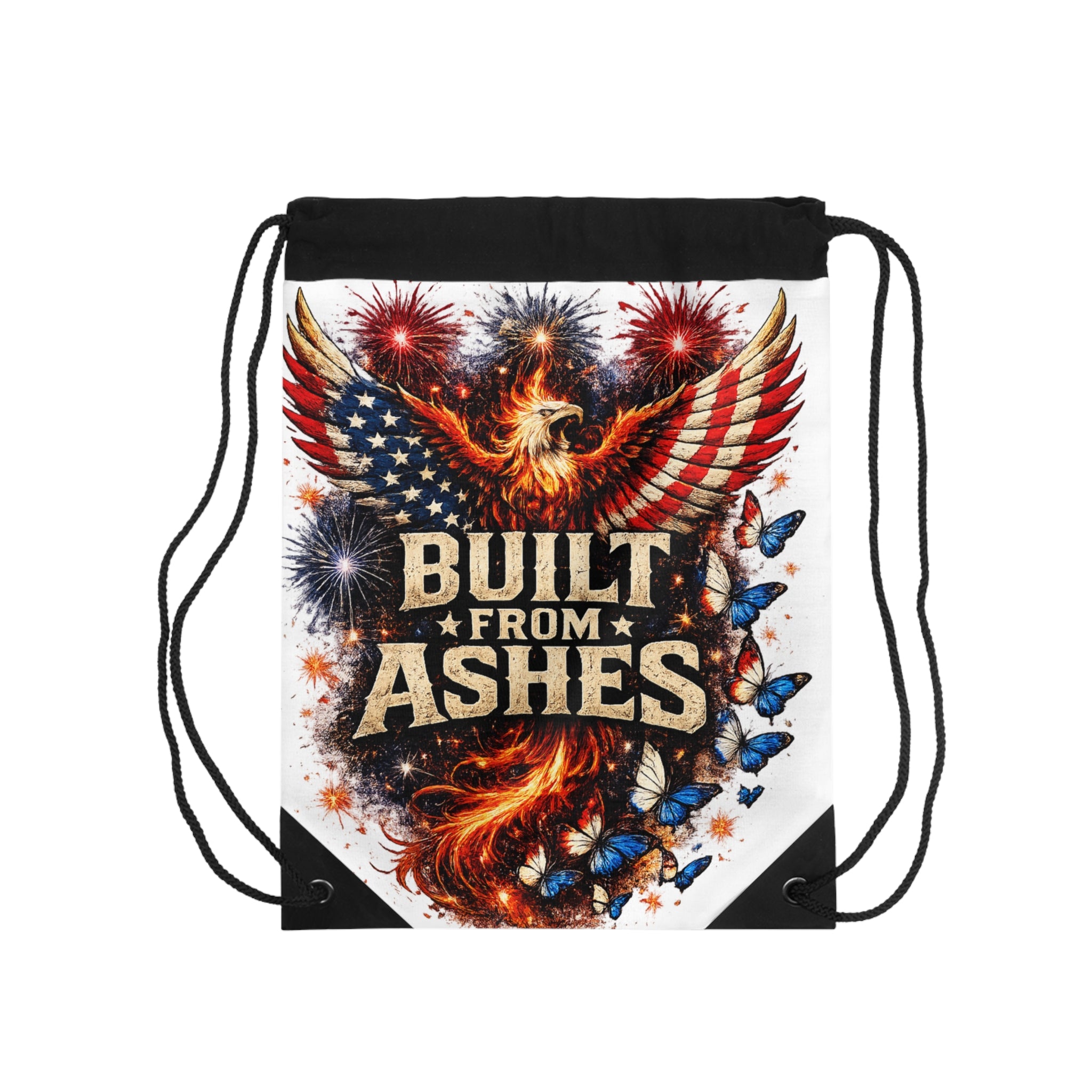 Built From Ashes Patriotic Phoenix Drawstring Bag — American Flag Firebird Gym Sack