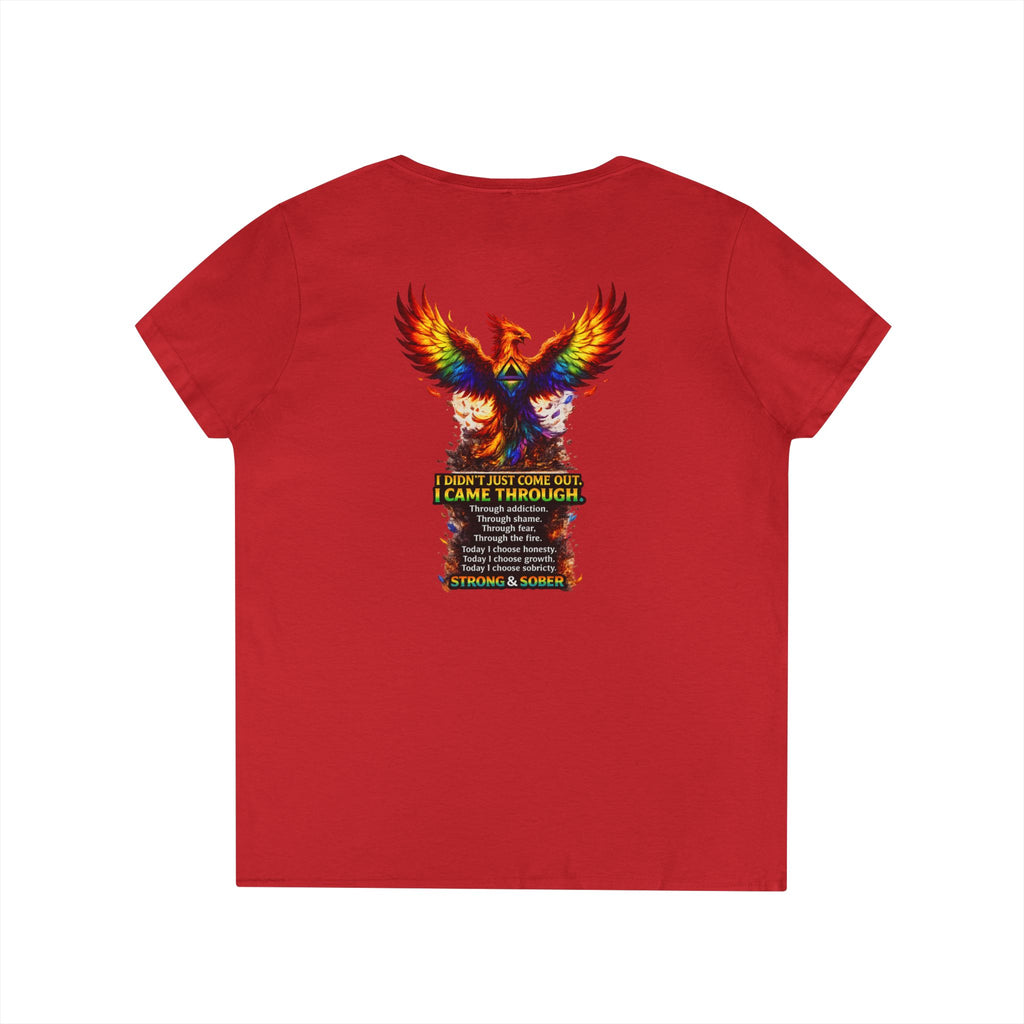 Strong Survivor V-Neck Tee — Colorful Phoenix "Strong & Sober" Recovery Shirt