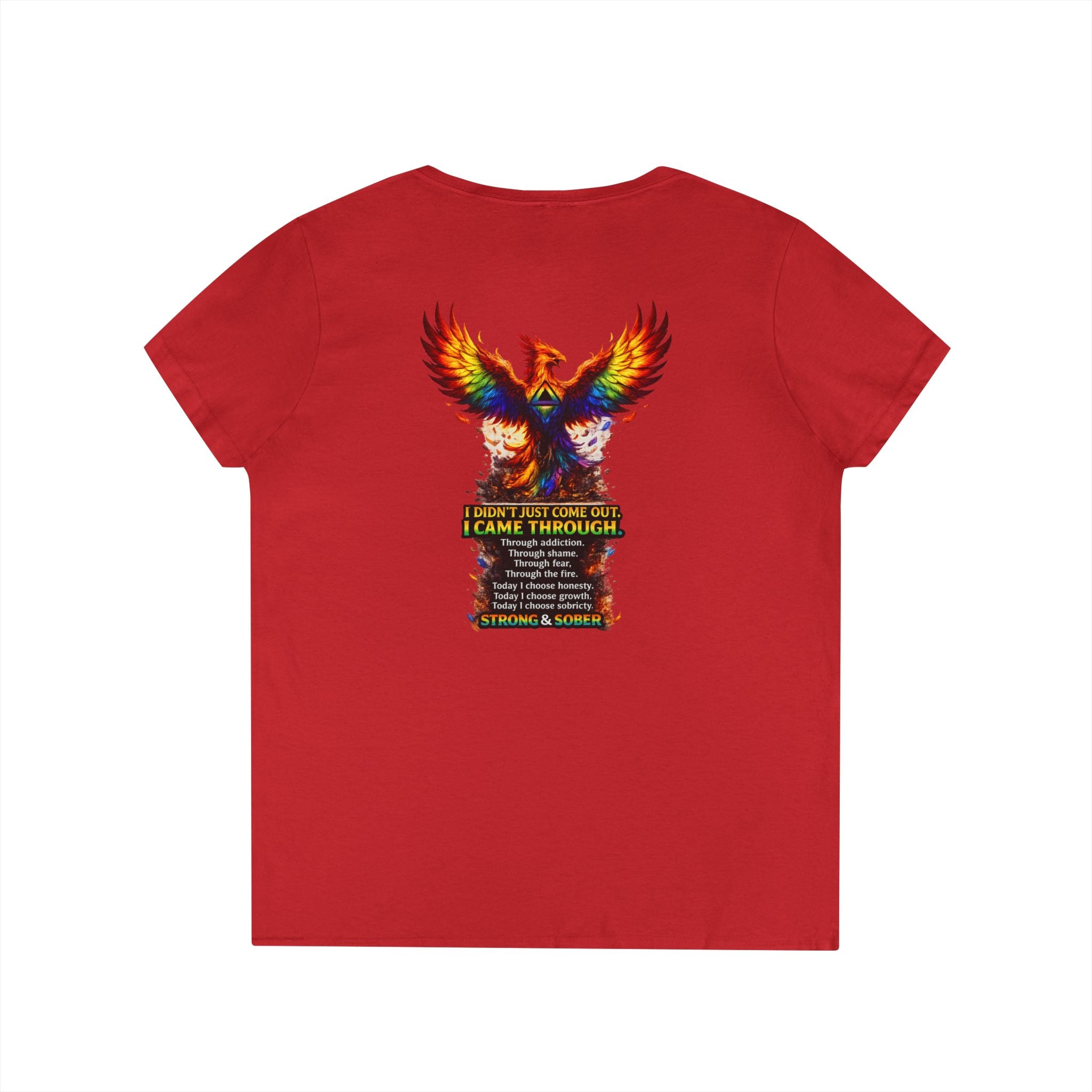 Strong Survivor V-Neck Tee — Colorful Phoenix "Strong & Sober" Recovery Shirt