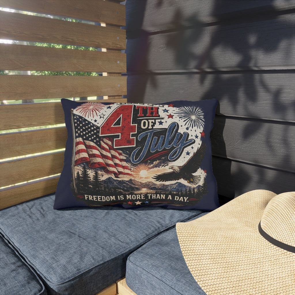 4th of July Outdoor Pillow — "Freedom Is More Than a Day" Patriotic Flag & Eagle Cushion