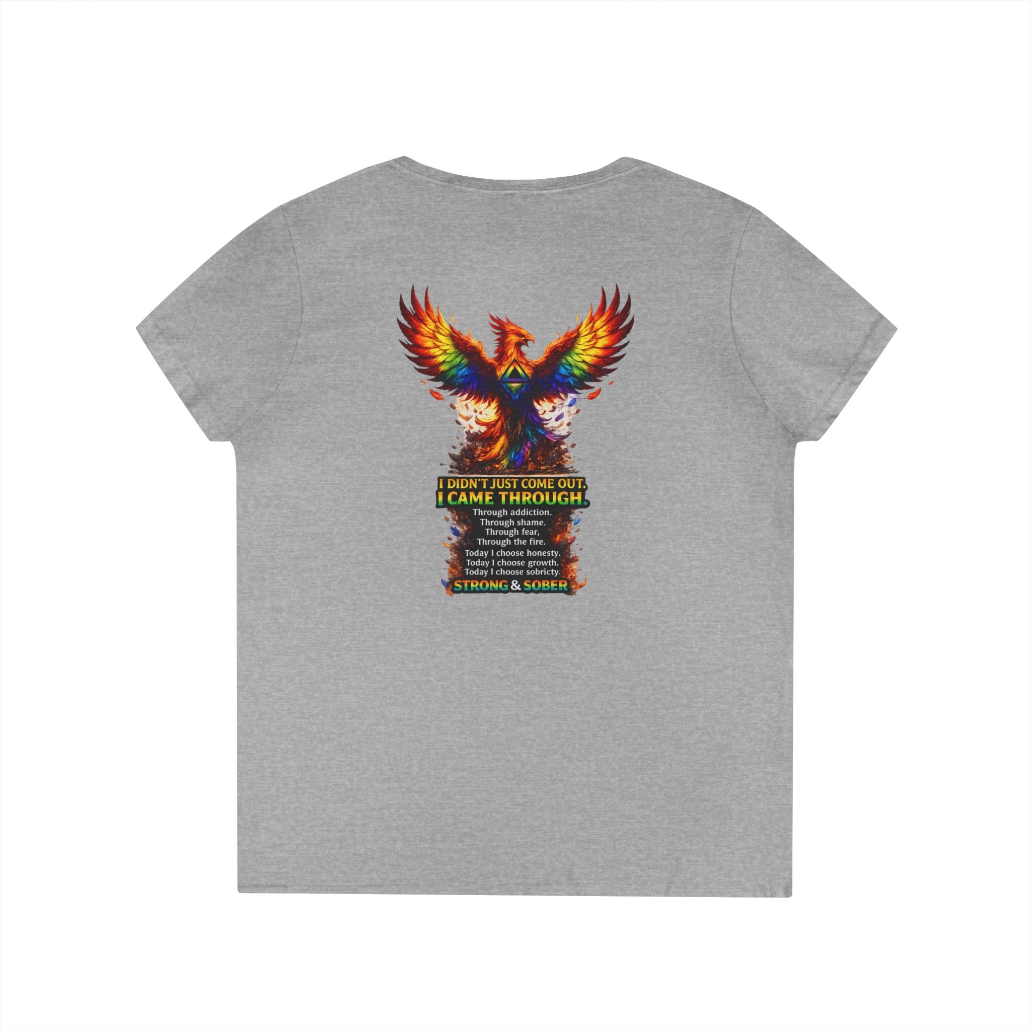Strong Survivor V-Neck Tee — Colorful Phoenix "Strong & Sober" Recovery Shirt