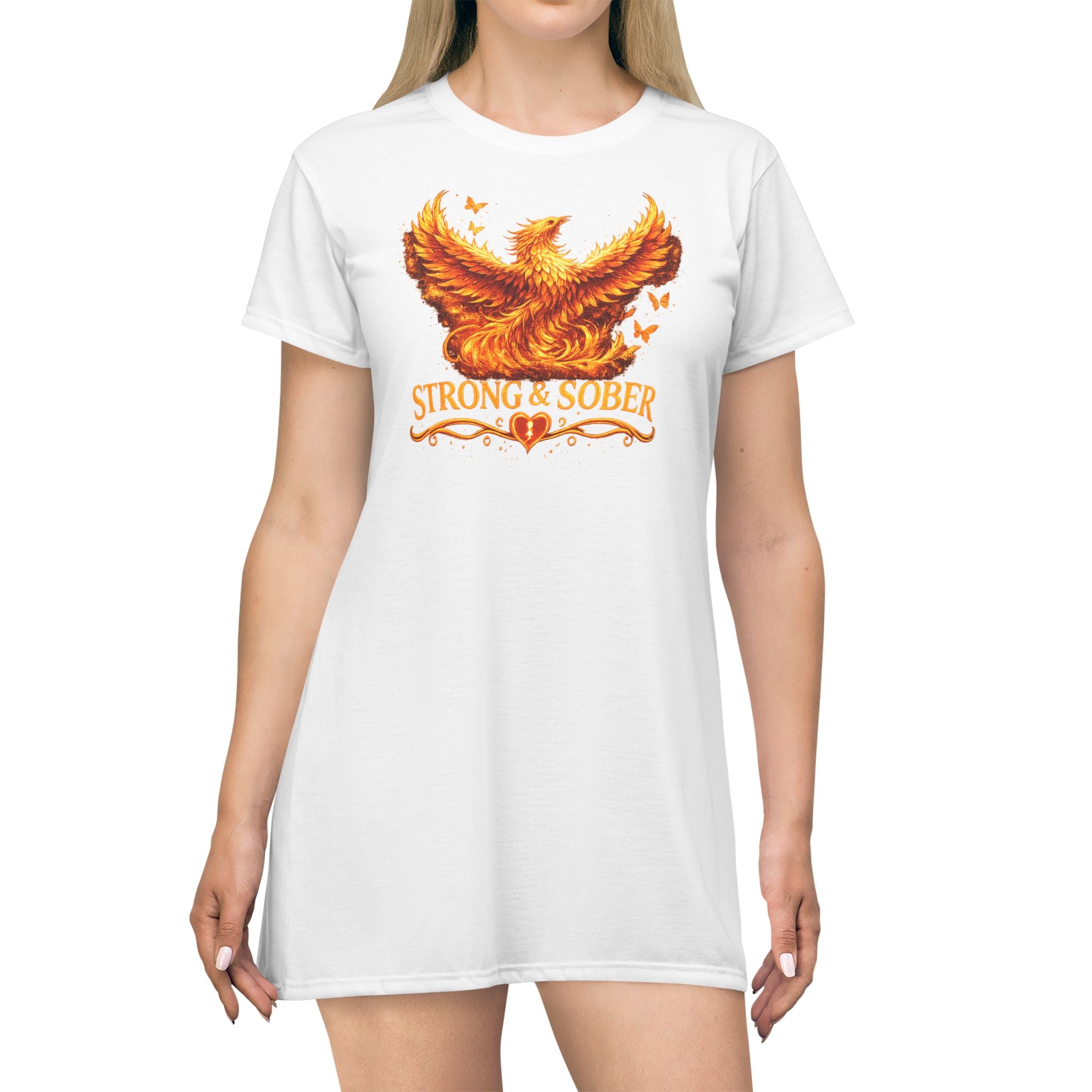 Phoenix Recovery T-Shirt Dress — "Strong & Sober" Addiction Recovery Tee Dress