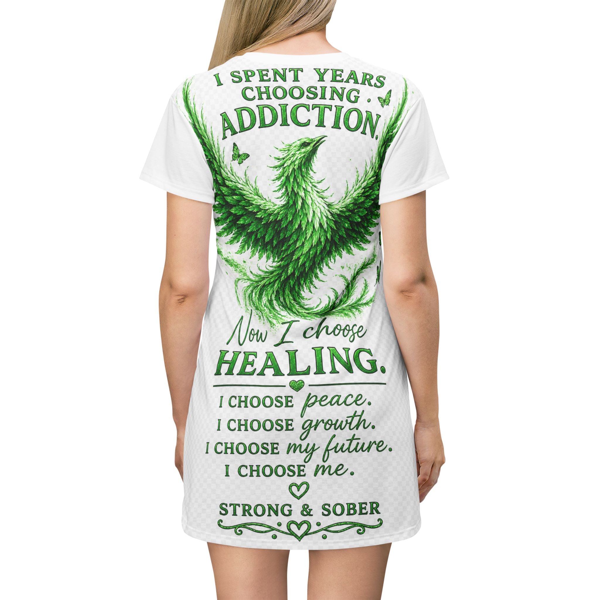 Strong & Sober Phoenix T-Shirt Dress — Recovery Affirmation Dress with "I Choose Healing" Design
