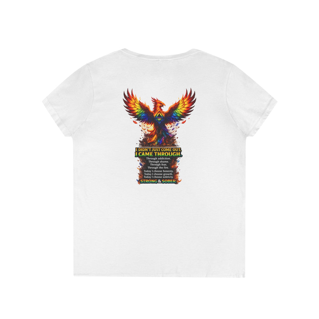 Strong Survivor V-Neck Tee — Colorful Phoenix "Strong & Sober" Recovery Shirt
