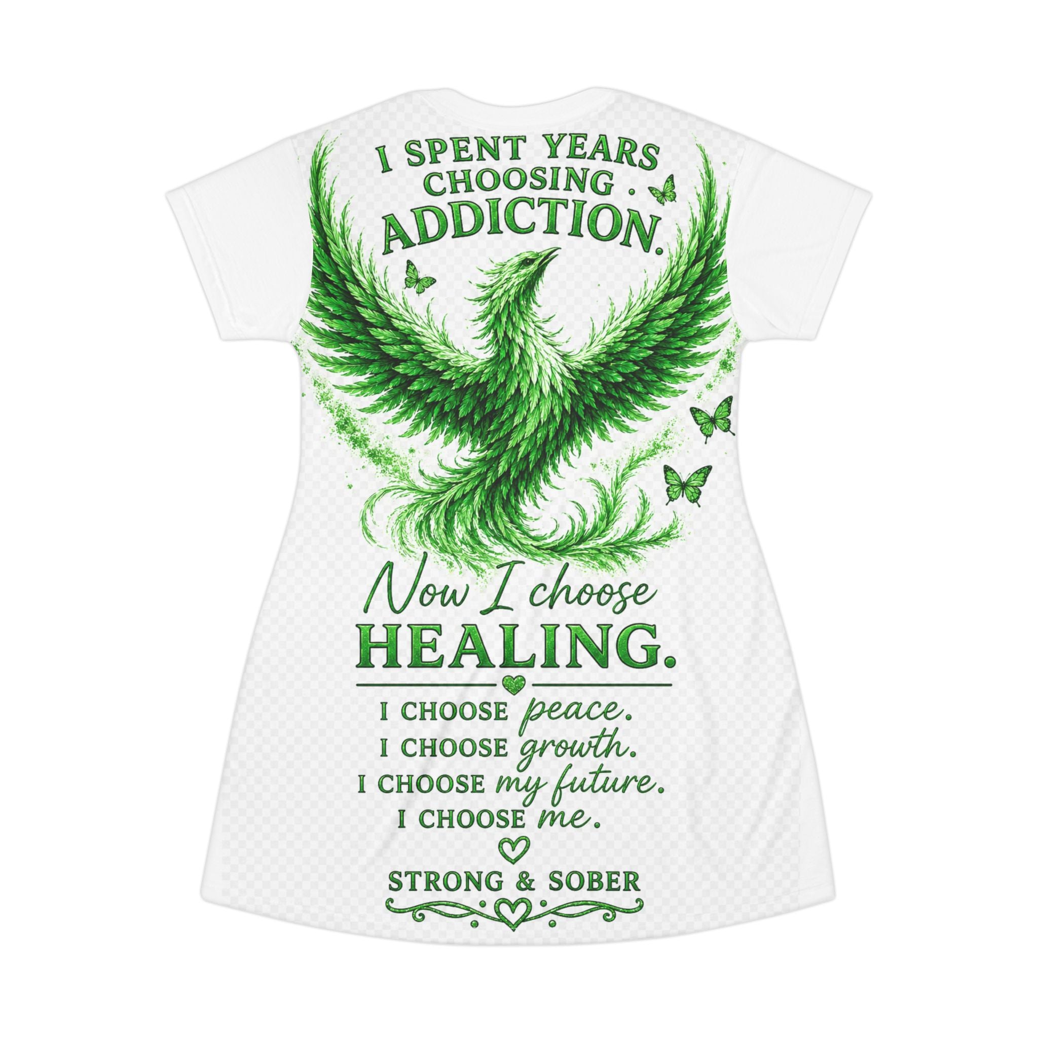 Strong & Sober Phoenix T-Shirt Dress — Recovery Affirmation Dress with "I Choose Healing" Design