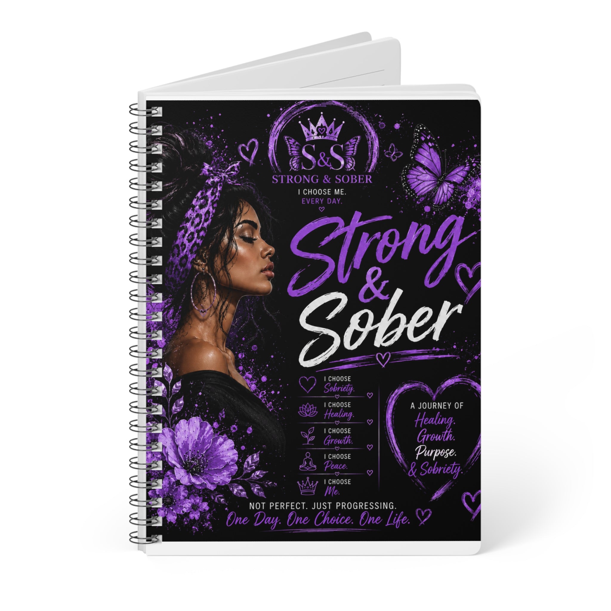 Strong & Sober A5 Spiral Notebook — Recovery Journal for Women (Purple)