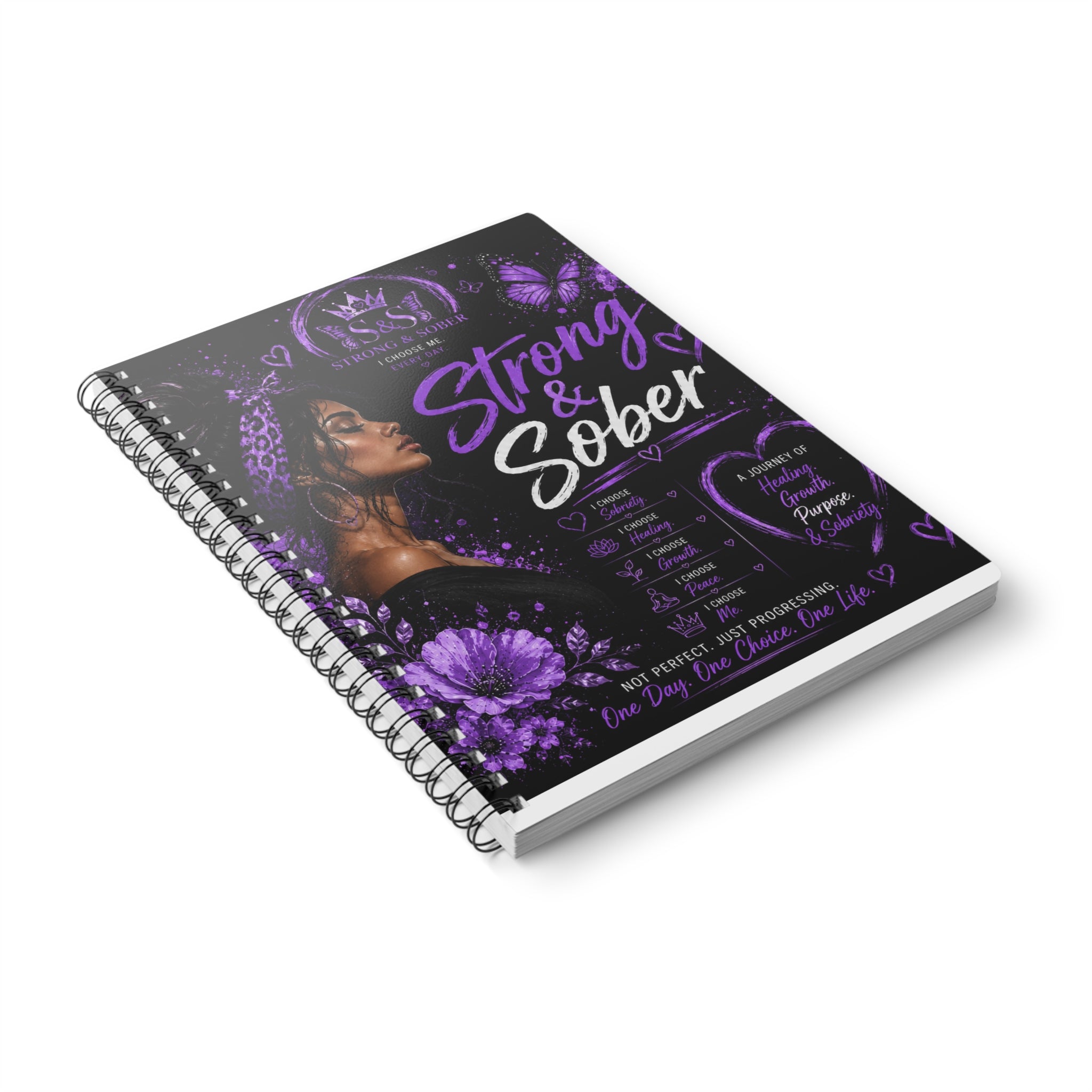 Strong & Sober A5 Spiral Notebook — Recovery Journal for Women (Purple)