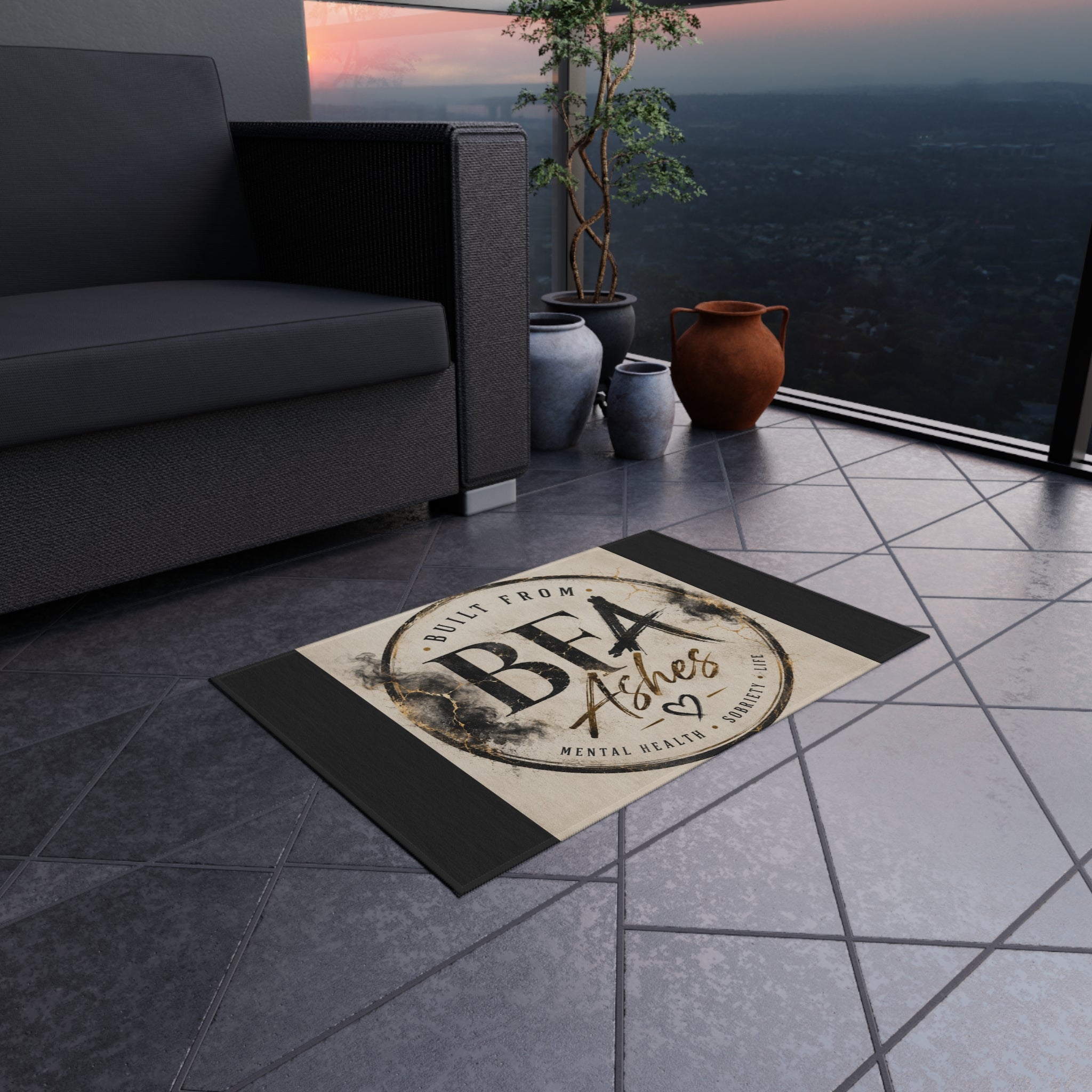 Outdoor Rug — "Built From Ashes" Inspirational Doormat (Mental Health & Sobriety Support)