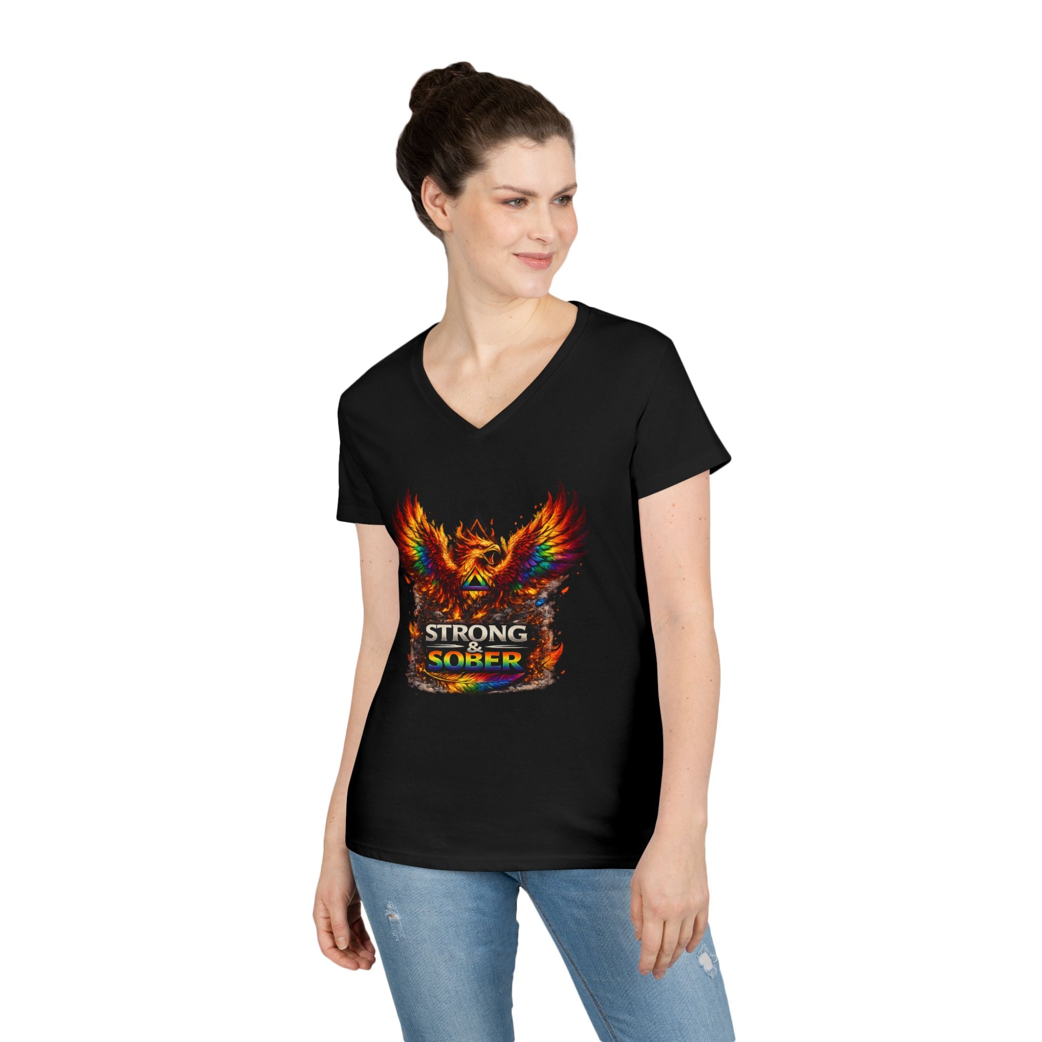 Strong Survivor V-Neck Tee — Colorful Phoenix "Strong & Sober" Recovery Shirt