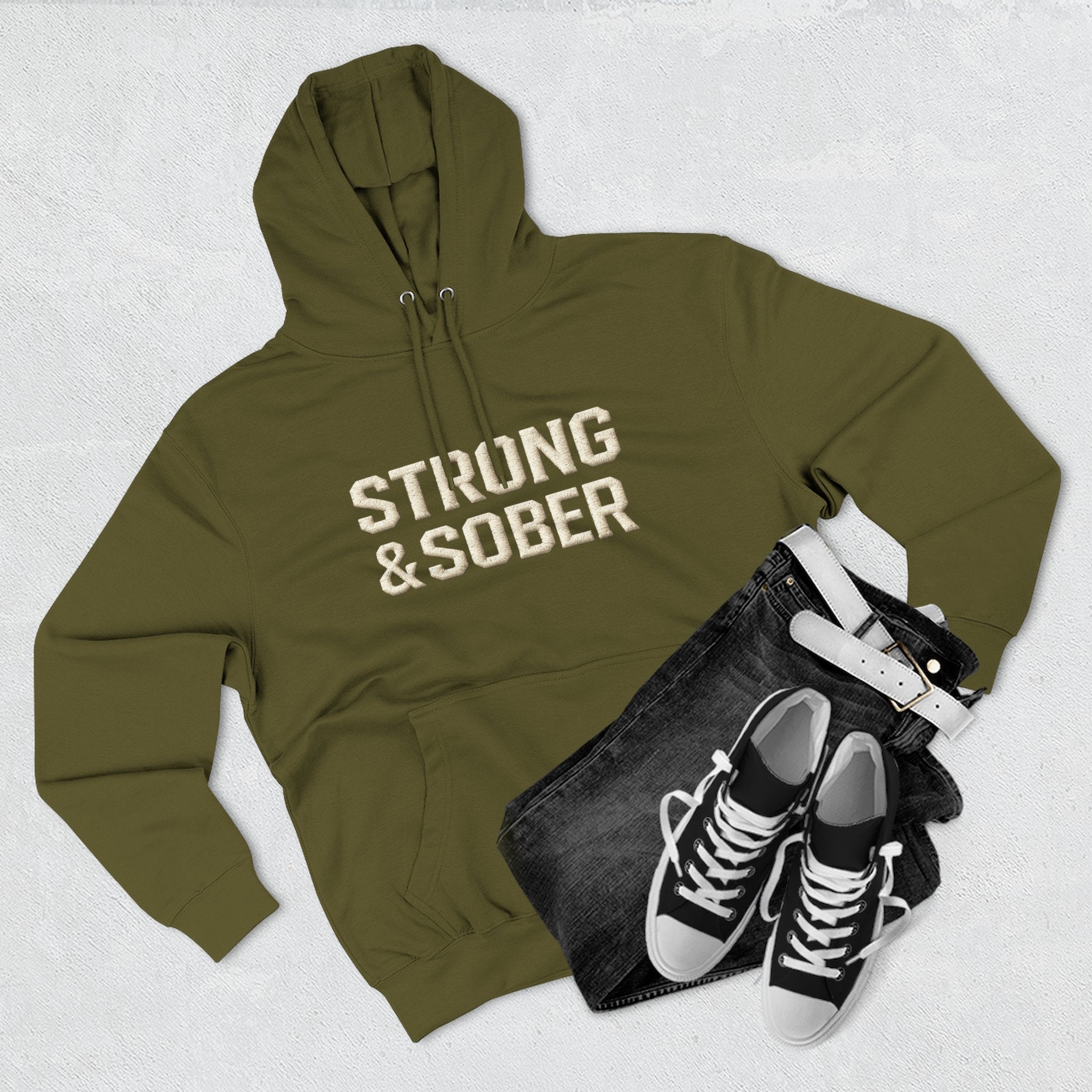 Strong & Sober Hoodie — Recovery Motivational Pullover with Eagle Back Graphic