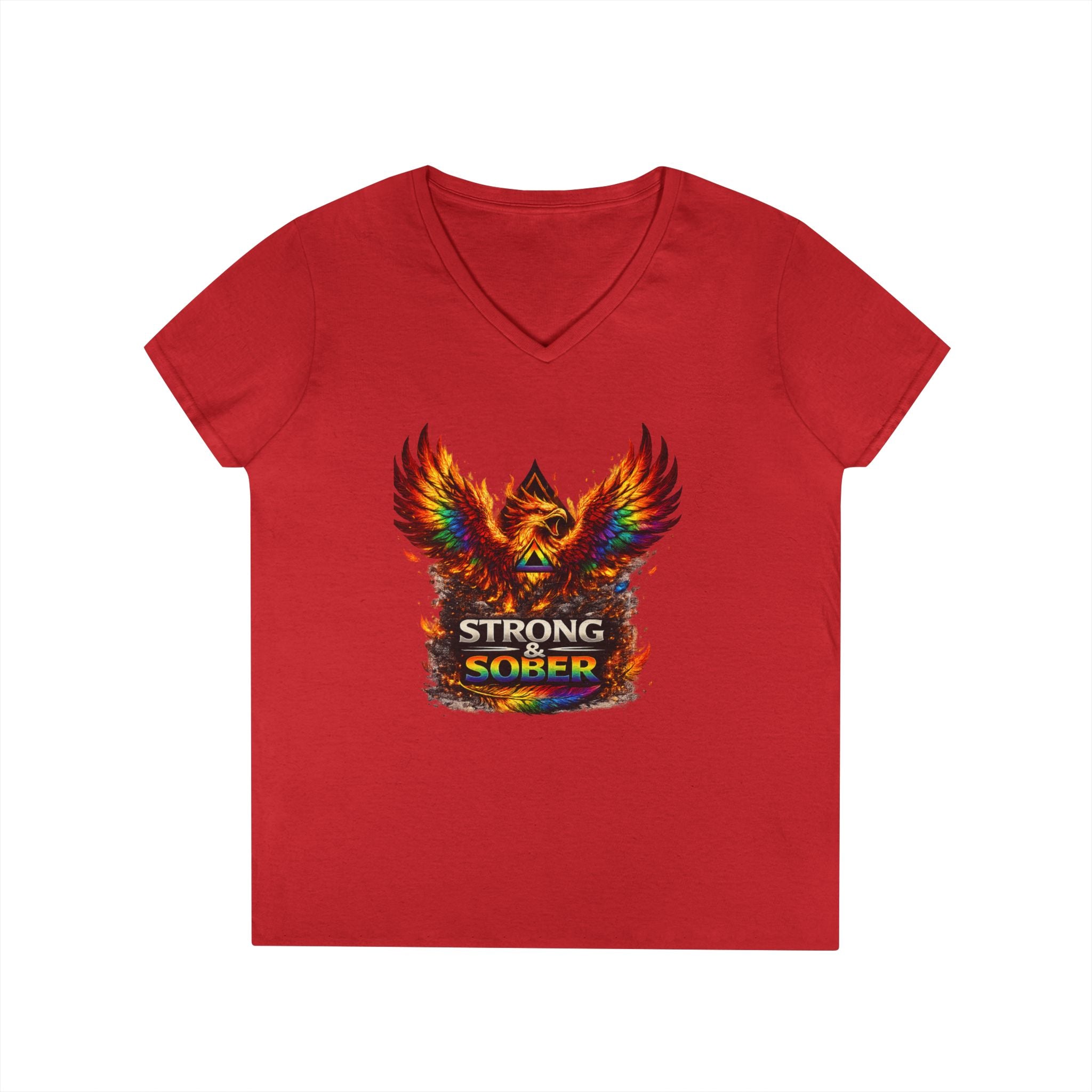 Strong Survivor V-Neck Tee — Colorful Phoenix "Strong & Sober" Recovery Shirt