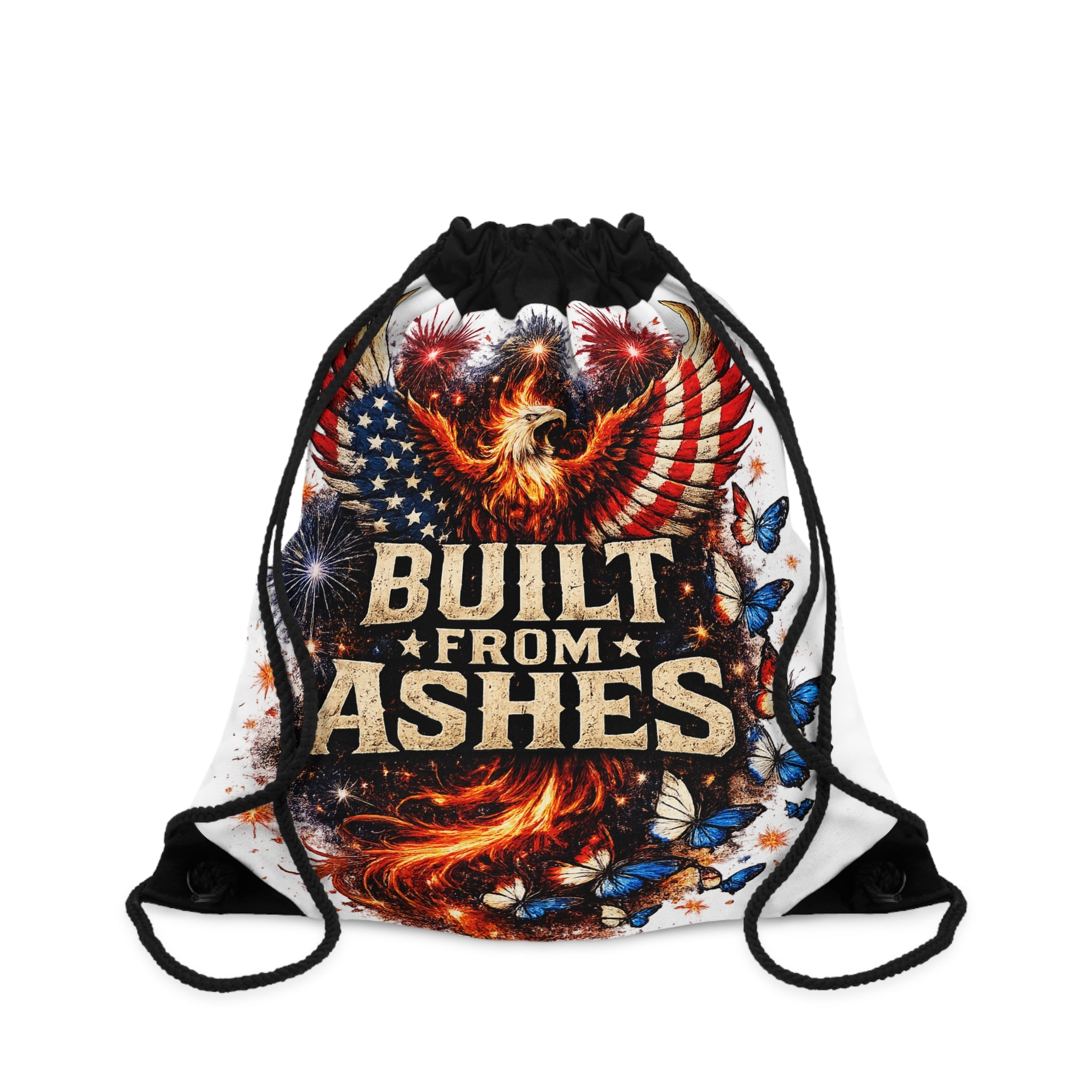 Built From Ashes Patriotic Phoenix Drawstring Bag — American Flag Firebird Gym Sack