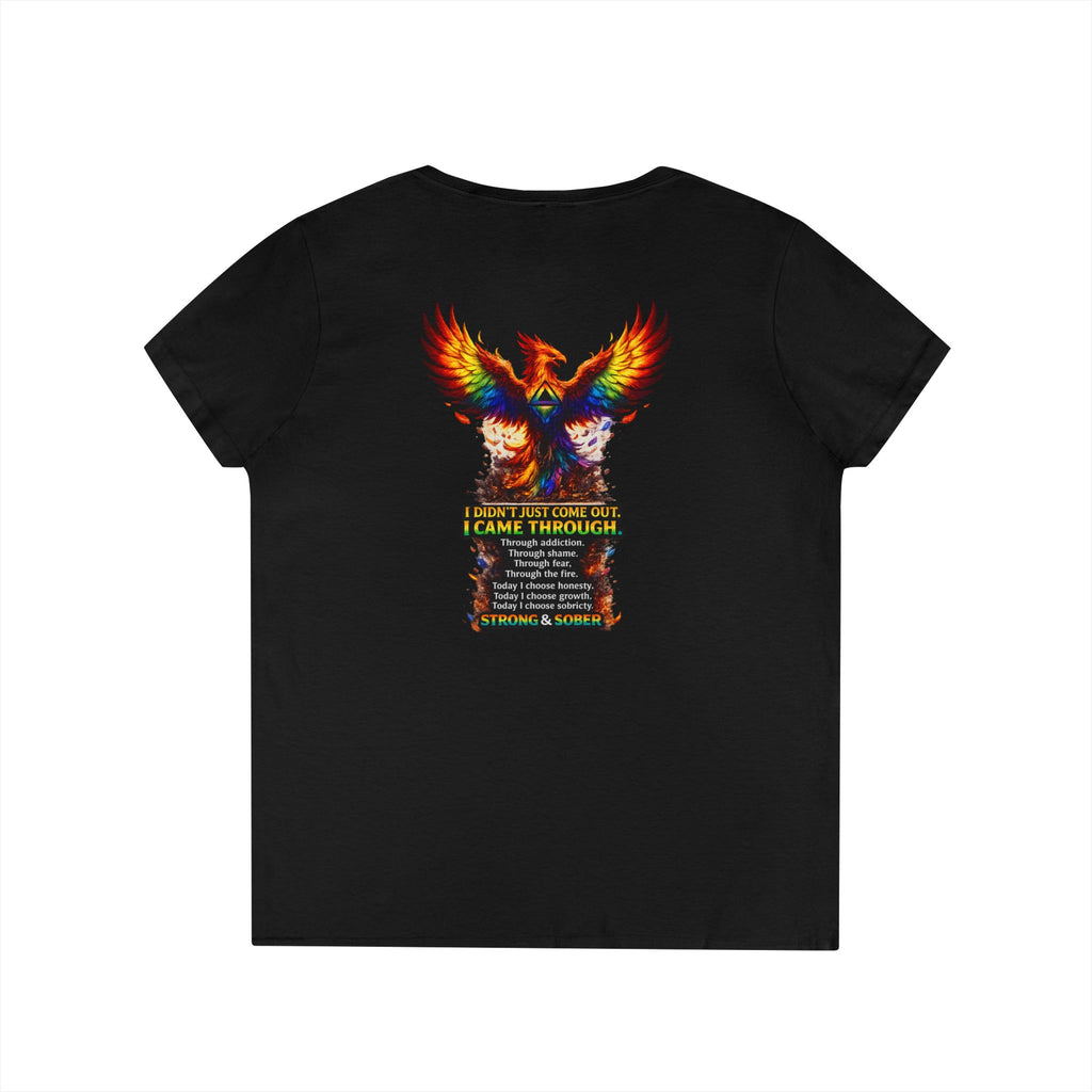 Strong Survivor V-Neck Tee — Colorful Phoenix "Strong & Sober" Recovery Shirt
