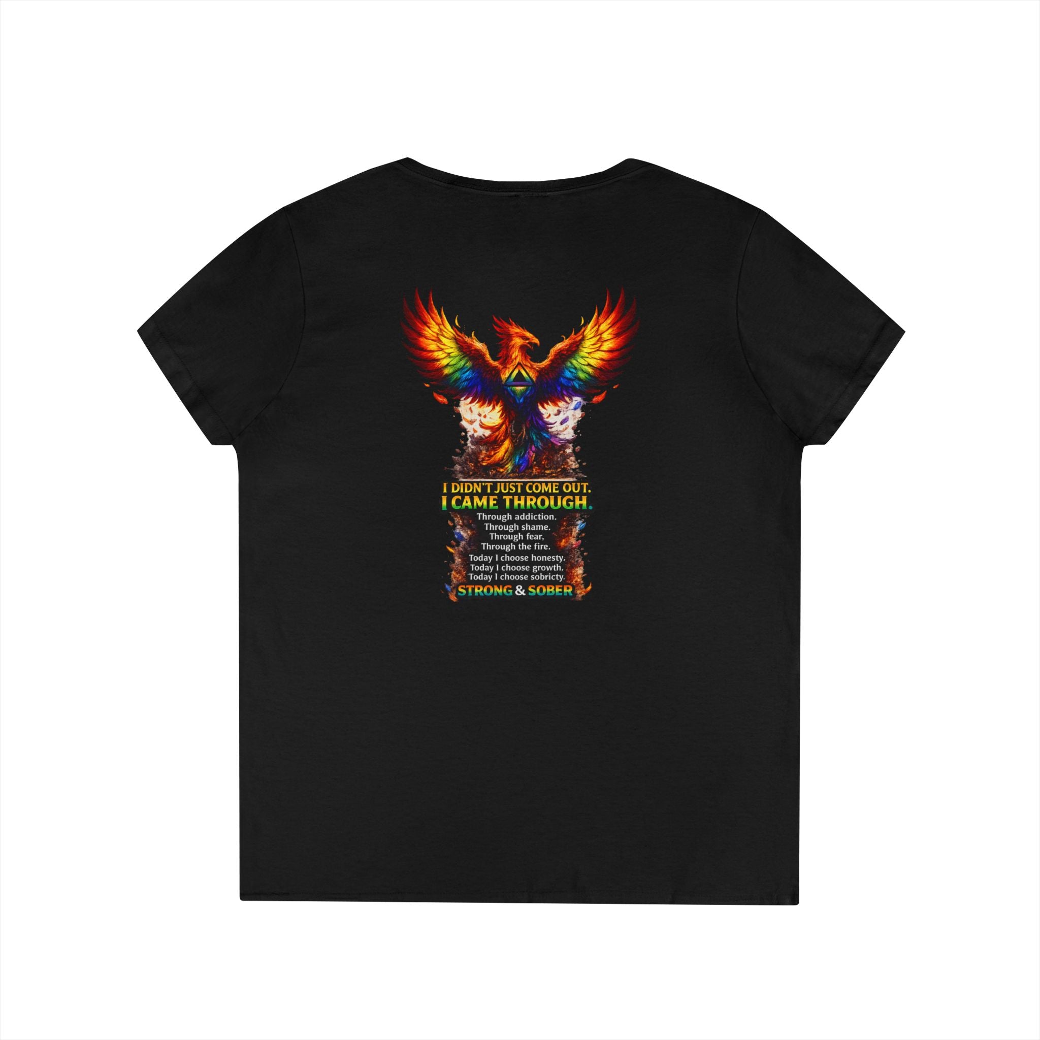 Strong Survivor V-Neck Tee — Colorful Phoenix "Strong & Sober" Recovery Shirt