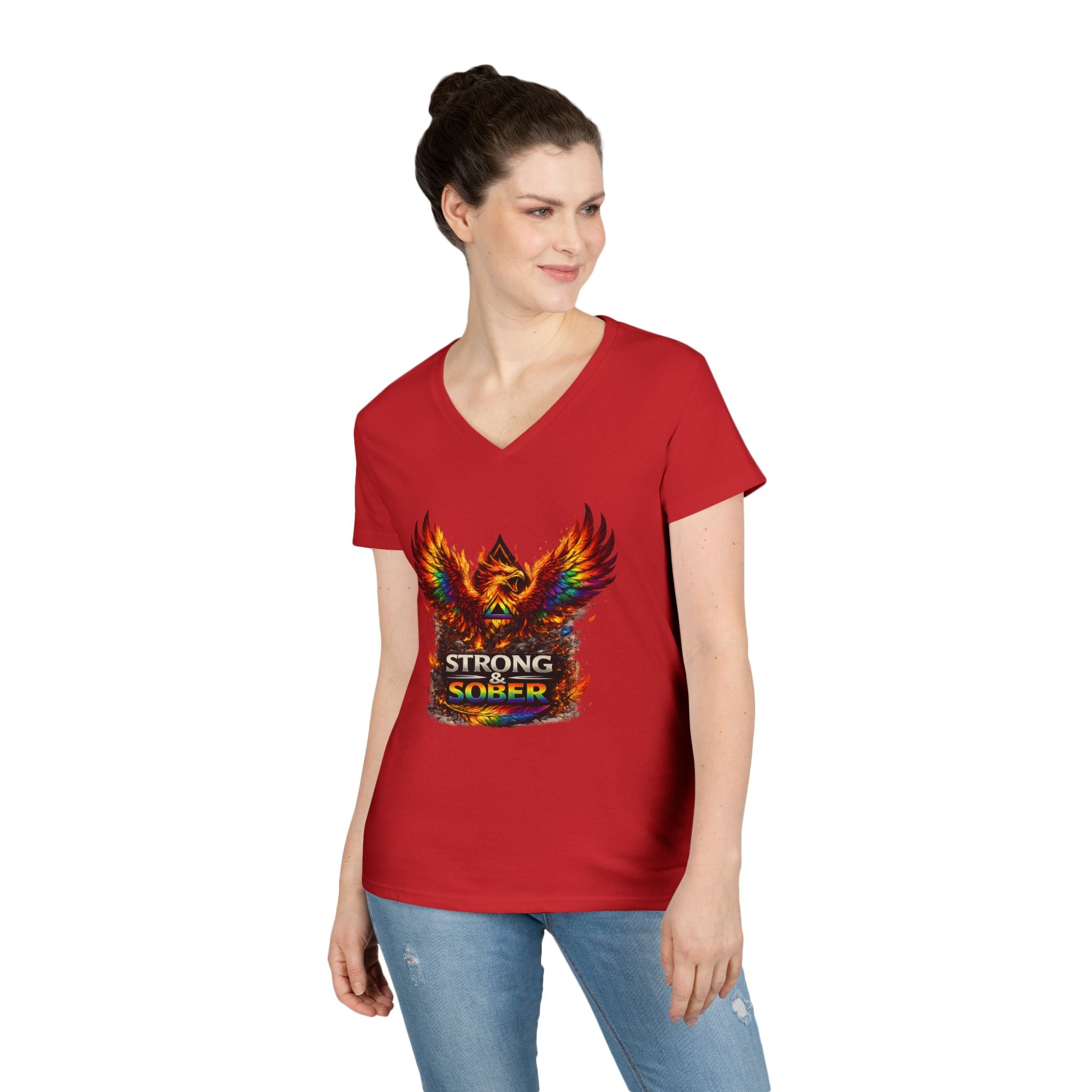 Strong Survivor V-Neck Tee — Colorful Phoenix "Strong & Sober" Recovery Shirt