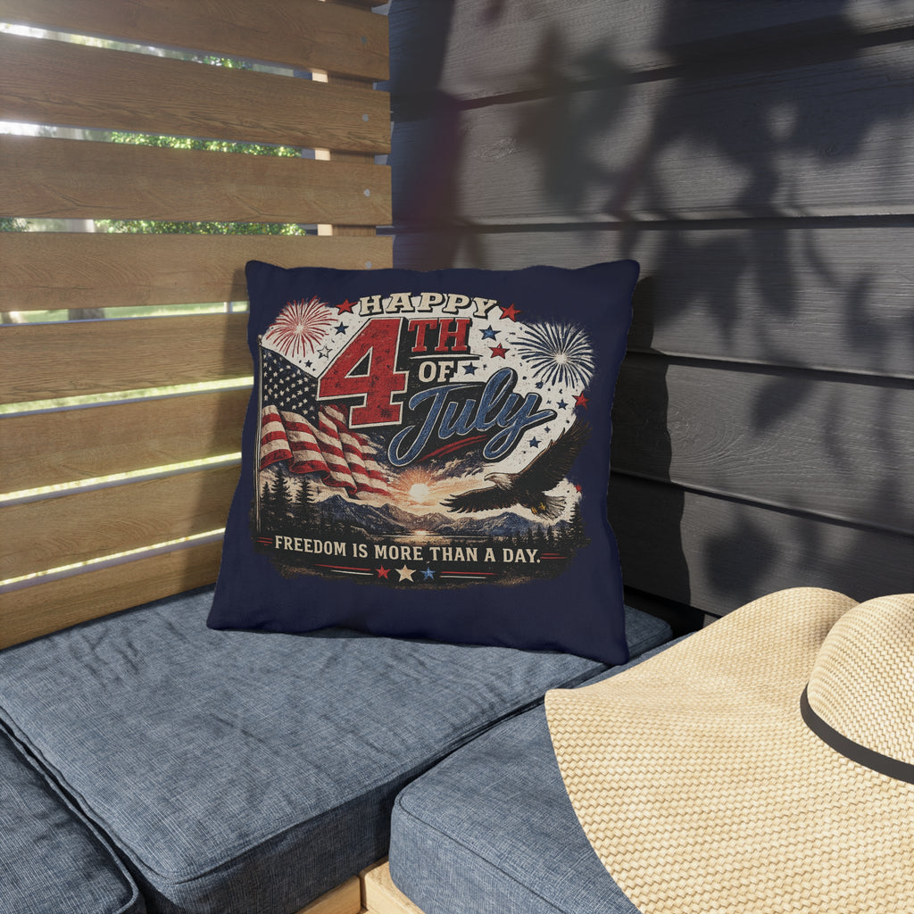 4th of July Outdoor Pillow — "Freedom Is More Than a Day" Patriotic Flag & Eagle Cushion