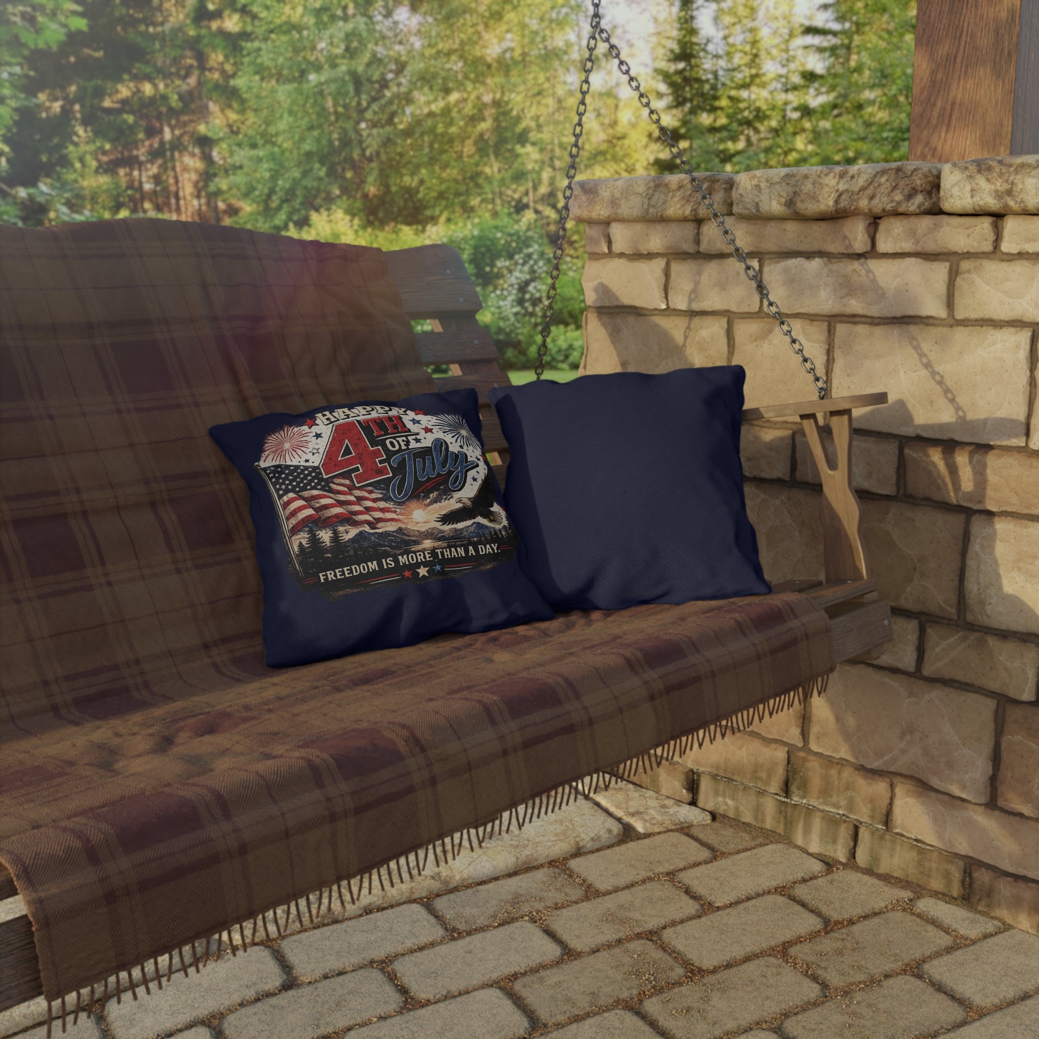 4th of July Outdoor Pillow — "Freedom Is More Than a Day" Patriotic Flag & Eagle Cushion