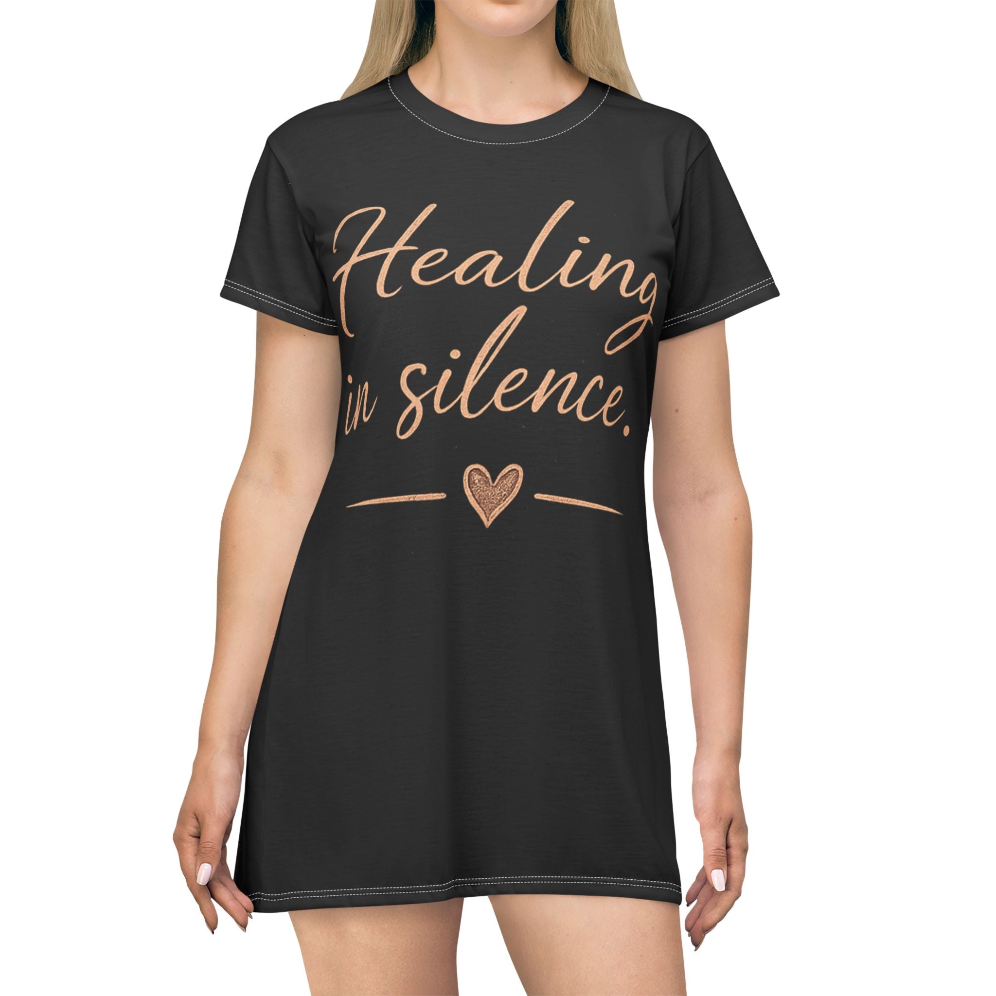 Healing in Silence T-Shirt Dress — Inspirational Self-Care Message Dress