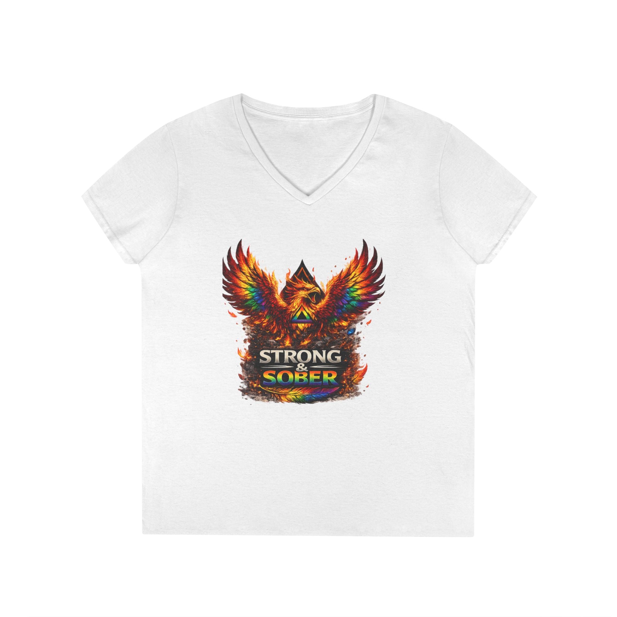 Strong Survivor V-Neck Tee — Colorful Phoenix "Strong & Sober" Recovery Shirt